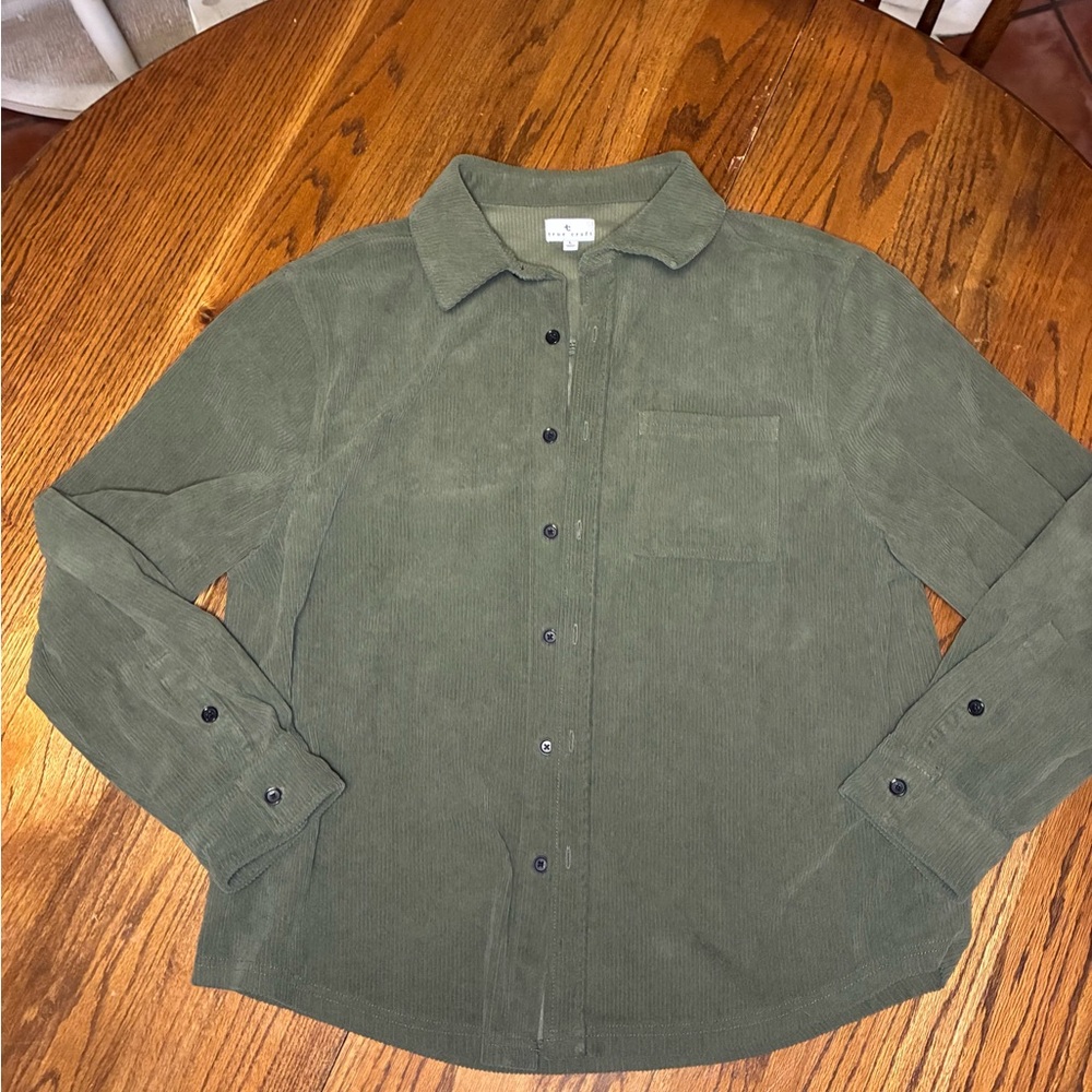 True Craft Mens Olive Green Corduroy Button Down Shirt‎ Long Sleeve Size Large